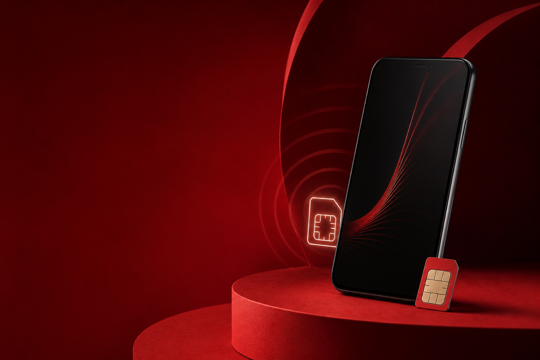 Smartphone e chip sobre uma composição vermelha