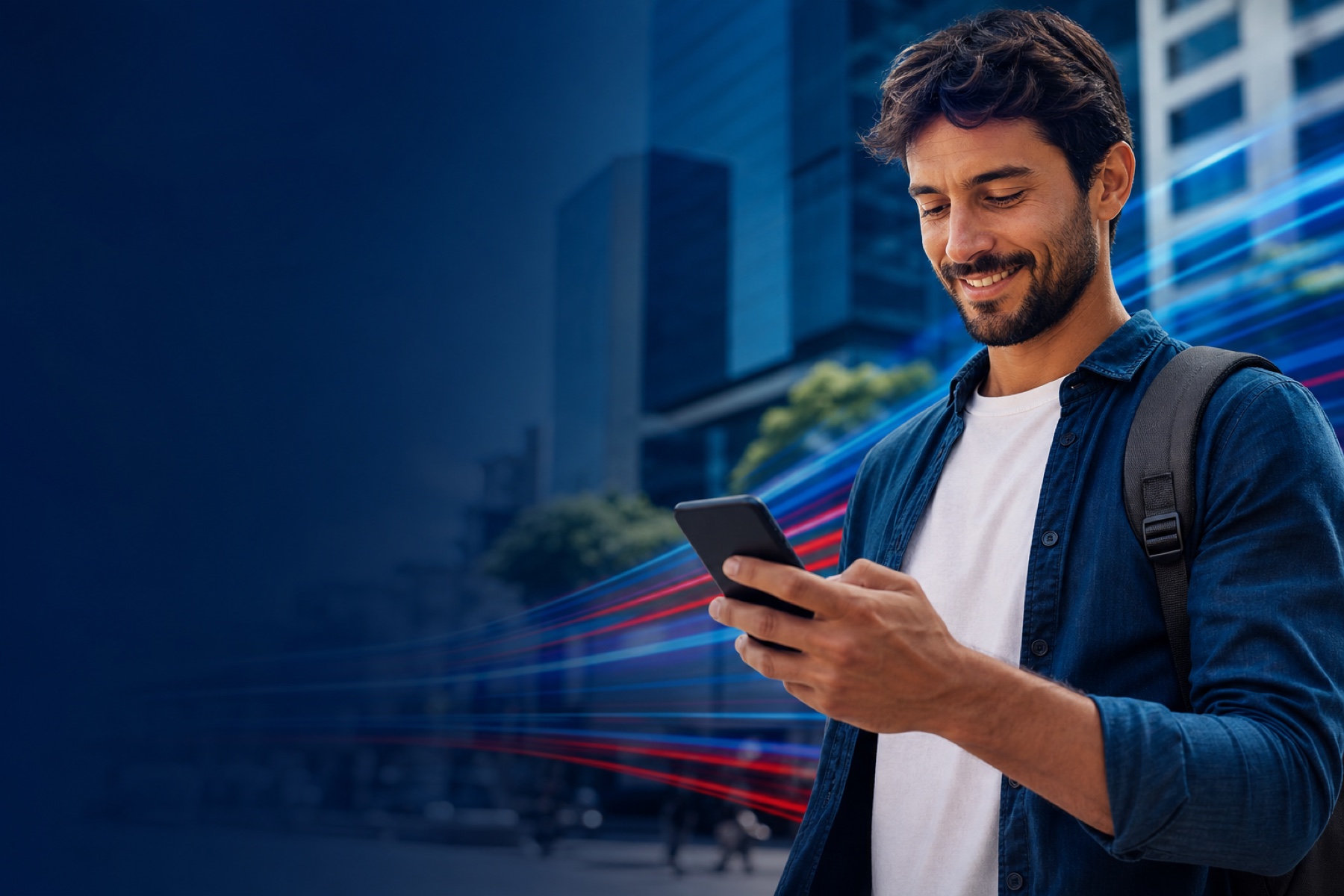 Homem usando o celular em uma cena urbana azul