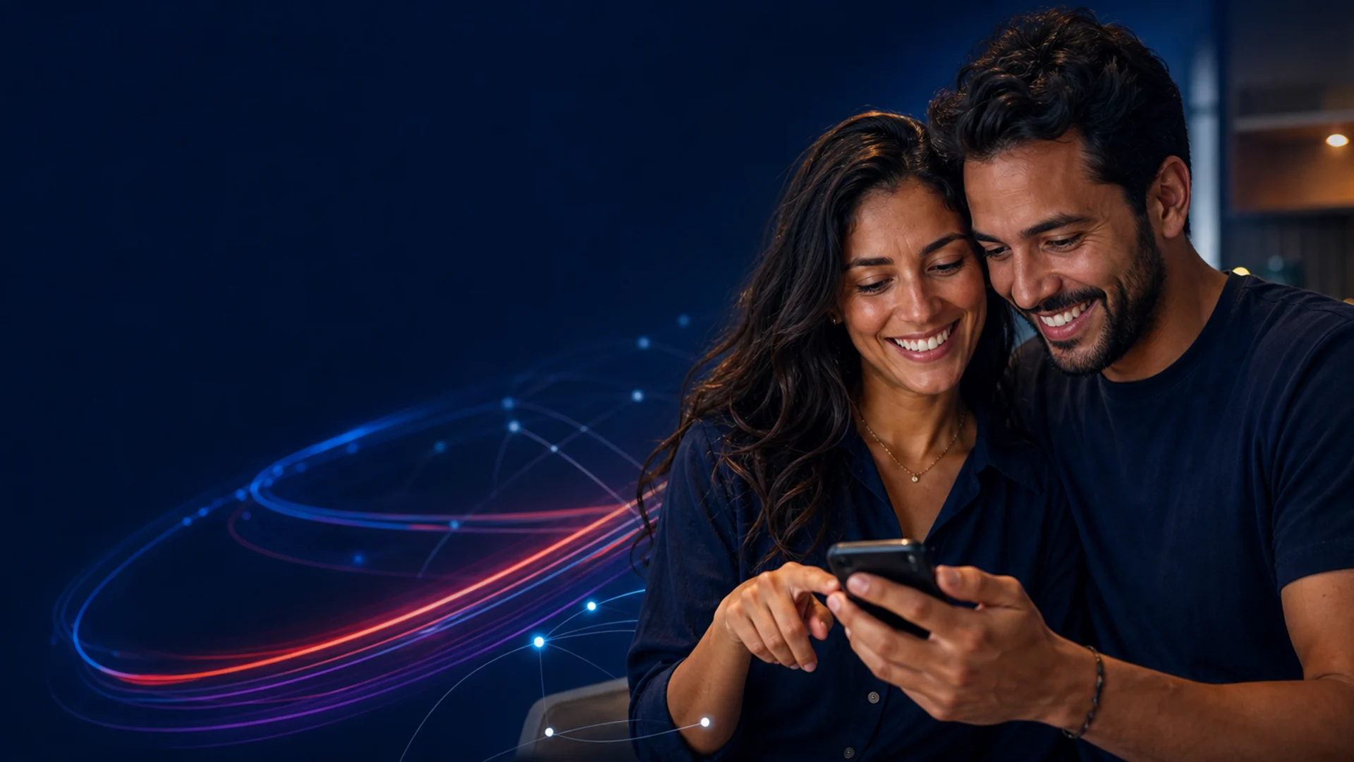 Casal sorrindo enquanto escolhe um plano pelo celular